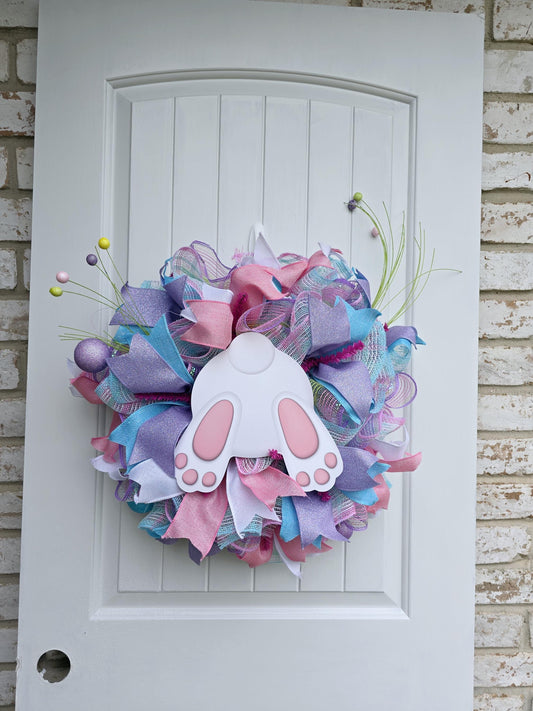 Easter Bunny Butt Wreath- Pastel Spring Mesh Wreath- Cute Easter Door Decor- Bunny Wreath for Front Door- Easter Decoration